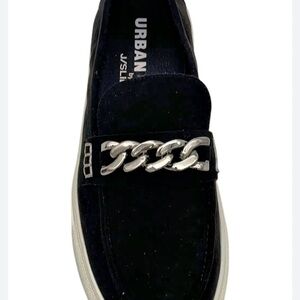 Urban Sports by J/Slides Lanna Loafers Black Slip-Ons with Silver Accent